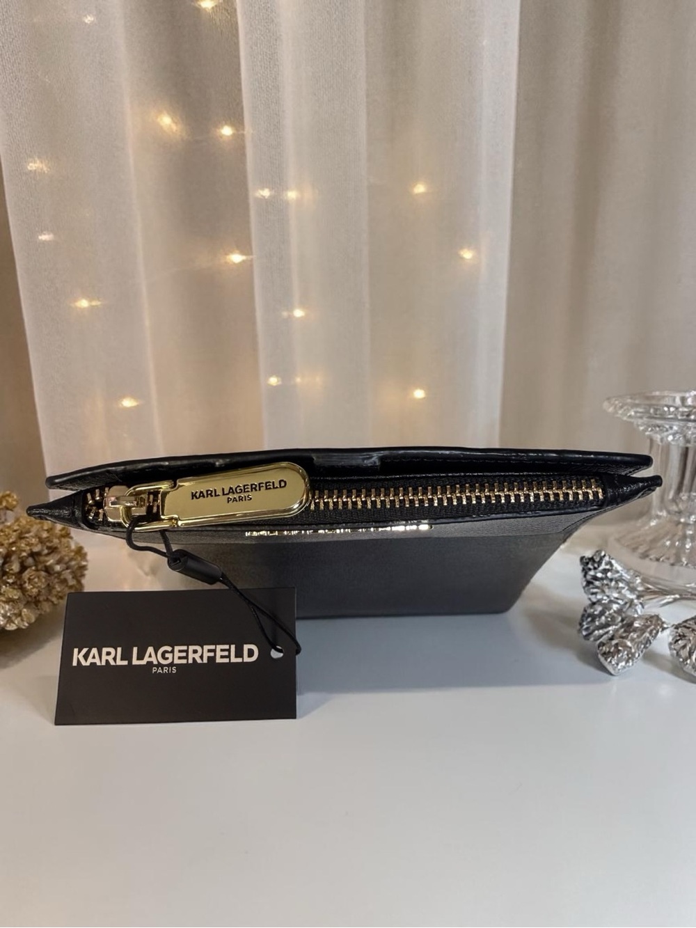 Karl Lagerfeld Paris Black Pebbled Leather Zip Wallet NWT ✨ Gold Hardware - Picture 3 of 7